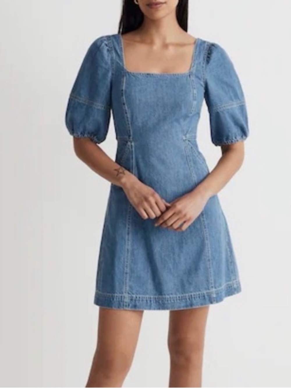 NWT Madewell Square-Neck Denim Mini Dress with Puff Sleeves